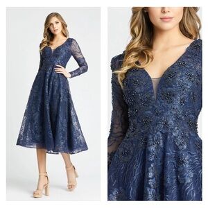 Mac Duggal 20286 NWT Embellished Plunge Neck Illusion Long Sleeve Midi